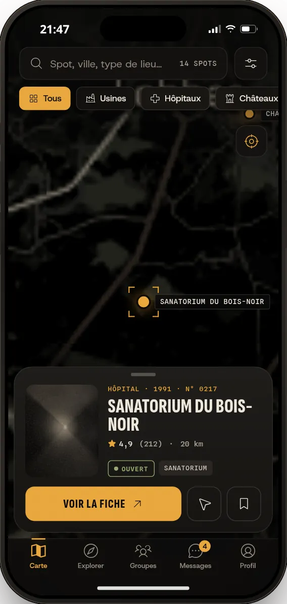L’app VESTIGE : la carte, avec la fiche résumée d’un sanatorium abandonné.